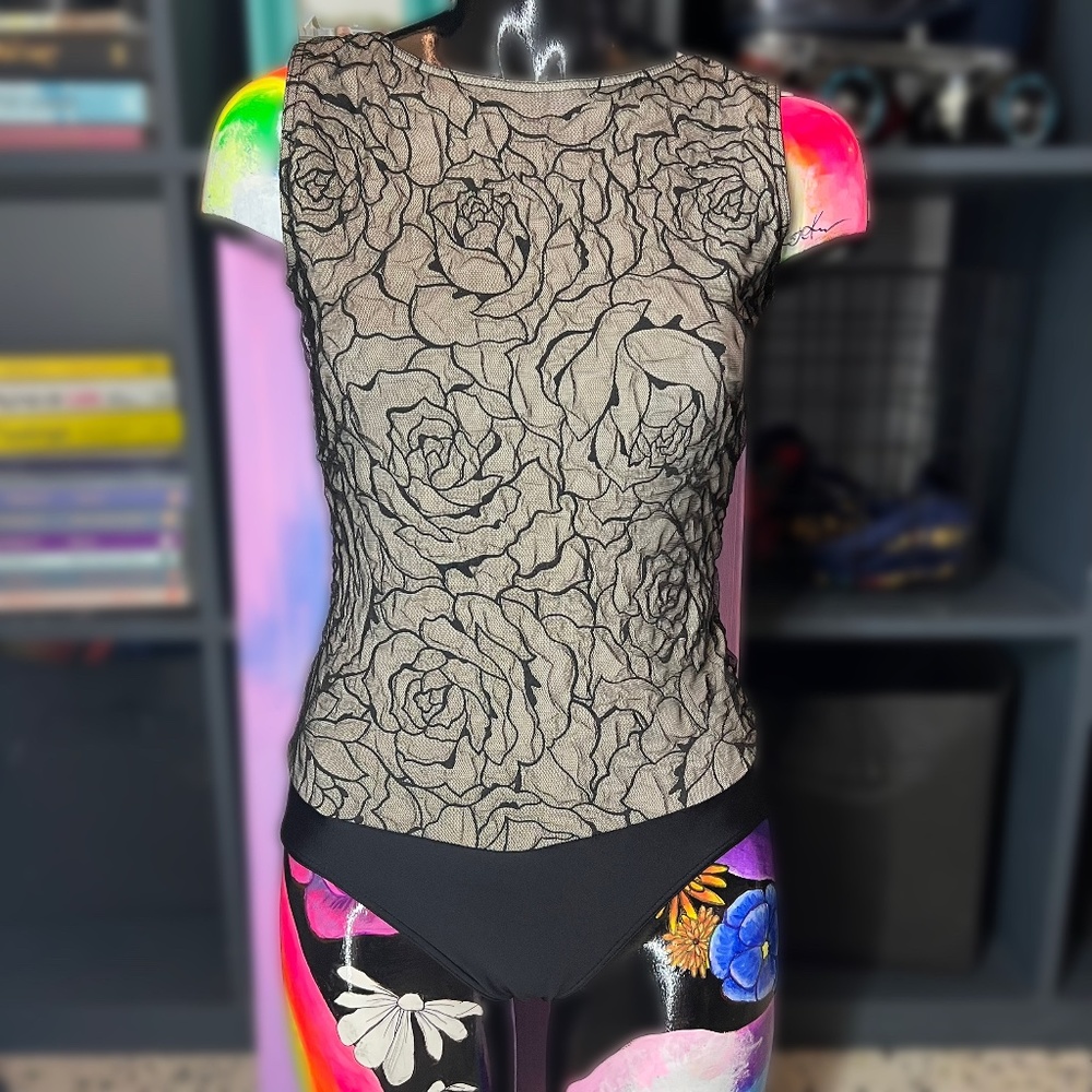 NWOT Capezio mesh high neck floral leotard with button back L